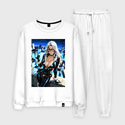 Костюм хлопковый мужской Черная кошка с брилиантом на крыше здания, цвет: белый