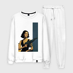 Костюм хлопковый мужской Девушка и автомат ретрофутуризм поп-арт 1970-е, цвет: белый