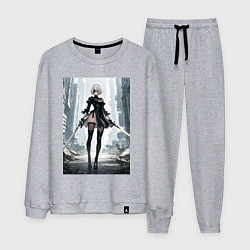 Костюм хлопковый мужской Девушка-андроид с катанами посреди руин, цвет: меланж