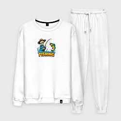 Костюм хлопковый мужской Скелет со спиннингом на рыбалке, цвет: белый