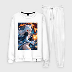 Костюм хлопковый мужской Кошка сражается с драконом, цвет: белый