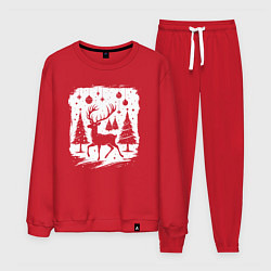 Костюм хлопковый мужской Олень в новогоднем лесу, цвет: красный
