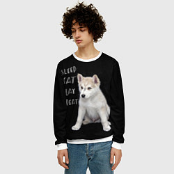 Свитшот мужской Sleep Eat Play Repeat Хаски щенок, цвет: 3D-белый — фото 2