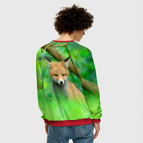 Мужской свитшот Лисенок в зеленом лесу / 3D-Красный – фото 4