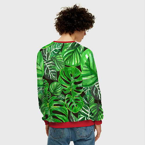 Мужской свитшот Тропические листья на темном фоне / 3D-Красный – фото 4