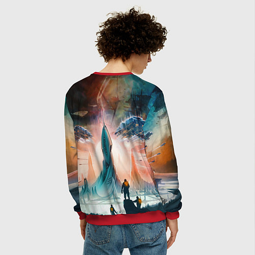 Мужской свитшот Stellaris космические корабли на фоне башни / 3D-Красный – фото 4