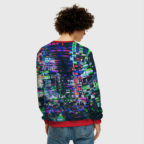 Мужской свитшот Ночной город - glitch / 3D-Красный – фото 4