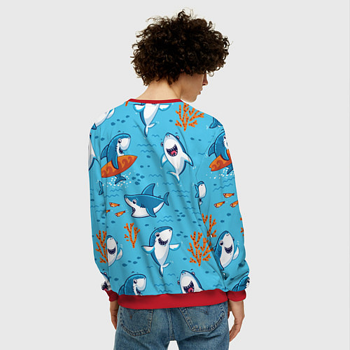 Мужской свитшот Прикольные акулята - паттерн / 3D-Красный – фото 4