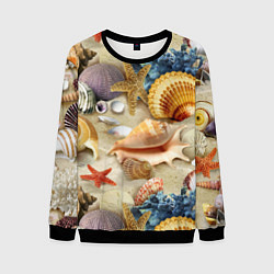 Свитшот мужской Морские раковины, кораллы, морские звёзды на песке, цвет: 3D-черный