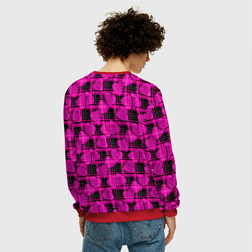 Мужской свитшот Black and pink hearts pattern on checkered / 3D-Красный – фото 4