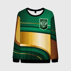 Свитшот мужской Герб России на зеленой абстракции, цвет: 3D-черный