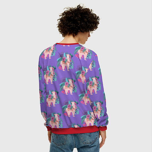Мужской свитшот Розовая альпака с тропическими листьями и цветами / 3D-Красный – фото 4