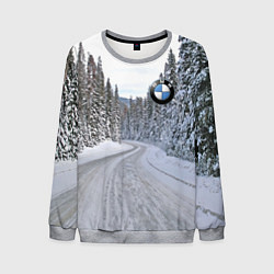 Свитшот мужской BMW - зимняя дорога через лес, цвет: 3D-меланж