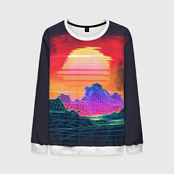 Свитшот мужской Синтвейв неоновые горы на закате, цвет: 3D-белый