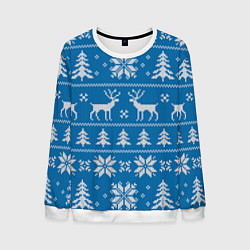 Свитшот мужской Рождественский синий свитер с оленями, цвет: 3D-белый