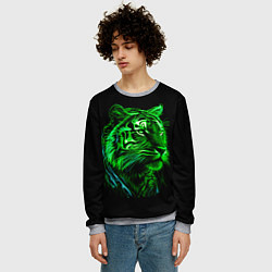Свитшот мужской Нейросеть: неоновый зелёный тигр, цвет: 3D-меланж — фото 2