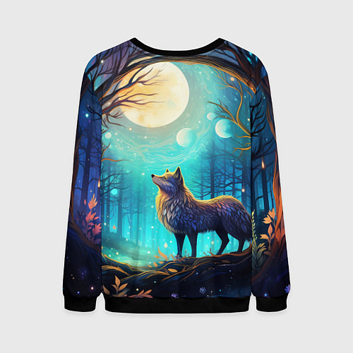 Мужской свитшот Волк в ночном лесу в folk art стиле / 3D-Черный – фото 2