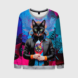 Свитшот мужской Чёрная модница кошка - нейросеть, цвет: 3D-меланж