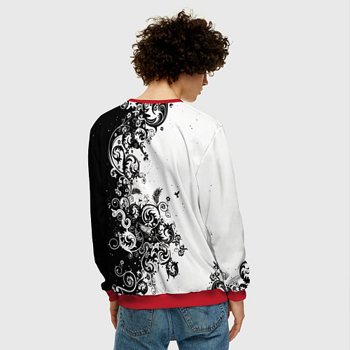 Мужской свитшот Черно-белая птица среди узорчатых цветов / 3D-Красный – фото 4