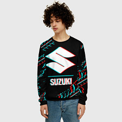 Свитшот мужской Значок Suzuki в стиле glitch на темном фоне, цвет: 3D-черный — фото 2