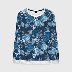 Свитшот мужской Голубые розы паттерн, цвет: 3D-белый