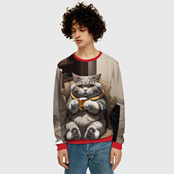 Свитшот мужской Кот сидит на диване с напитком, цвет: 3D-красный — фото 2