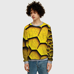 Свитшот мужской Желтые шестиугольники с трещинами - объемная текст, цвет: 3D-меланж — фото 2