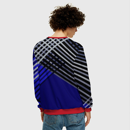 Мужской свитшот Белые и серые полосы на синем фоне / 3D-Красный – фото 4
