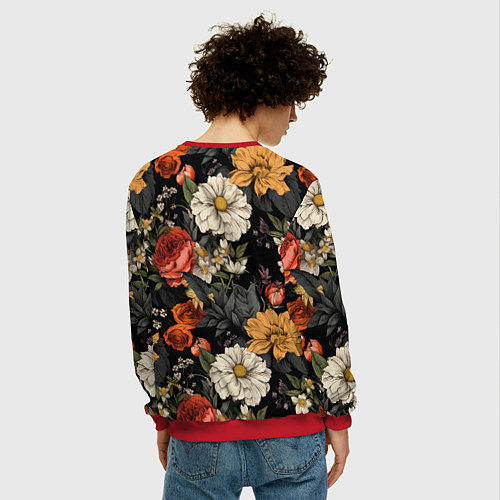 Мужской свитшот Цветочный паттерн на черном / 3D-Красный – фото 4