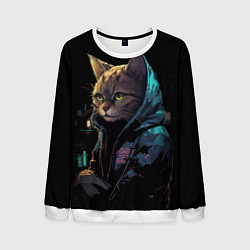 Свитшот мужской Кот в стиле киберпанк, цвет: 3D-белый