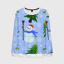 Свитшот мужской Снеговики с новогодними елками паттерн, цвет: 3D-белый