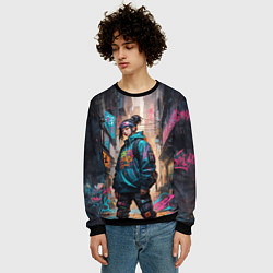 Свитшот мужской Японская девушка в худи, цвет: 3D-черный — фото 2