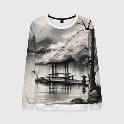 Свитшот мужской Пейзаж японское озеро, цвет: 3D-белый