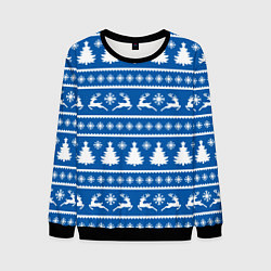 Свитшот мужской Синий свитер с новогодними оленями, цвет: 3D-черный