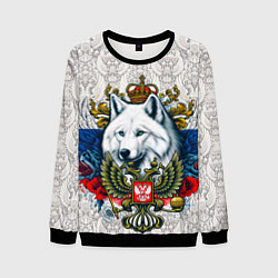 Свитшот мужской Белый русский волк и герб России, цвет: 3D-черный