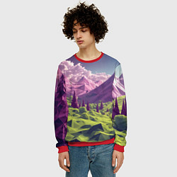 Свитшот мужской Геометрический зеленый пейзаж и фиолетовые горы, цвет: 3D-красный — фото 2