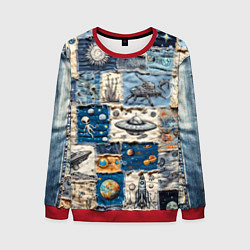Свитшот мужской Джинсовый пэчворк с пришельцами, цвет: 3D-красный