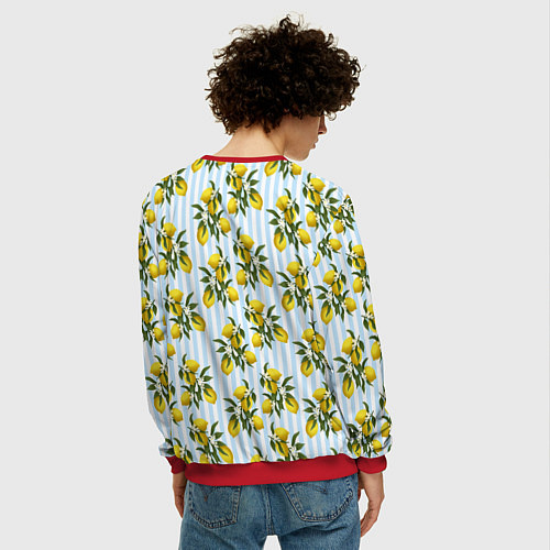 Мужской свитшот Ветка летних лимонов - голубые полосы / 3D-Красный – фото 4