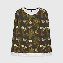 Свитшот мужской Хохлатые синицы и мимоза паттерн, цвет: 3D-белый