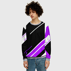 Свитшот мужской Бело-фиолетовые полосы на чёрном фоне, цвет: 3D-меланж — фото 2