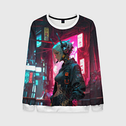 Свитшот мужской Девушка-андроид в наушниках, цвет: 3D-белый