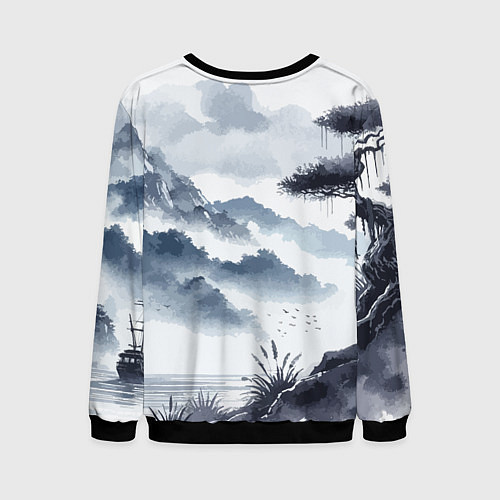 Мужской свитшот Японский пейзаж - нейросеть / 3D-Черный – фото 2