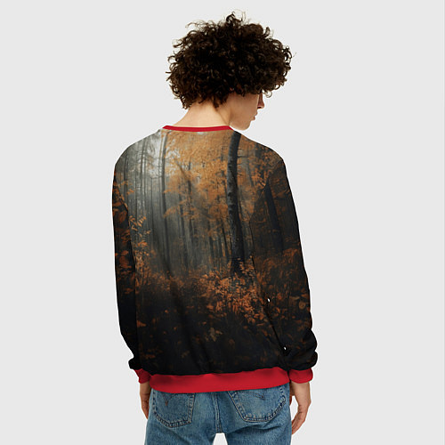 Мужской свитшот Черный лис в осеннем лесу / 3D-Красный – фото 4