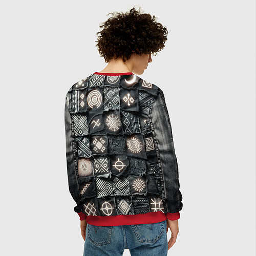 Мужской свитшот Африканские знаки на пэчворк дениме / 3D-Красный – фото 4