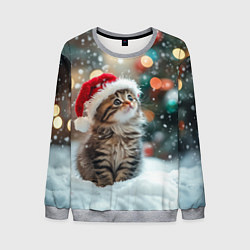 Свитшот мужской Новогодний котенок и снег, цвет: 3D-меланж