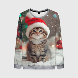 Свитшот мужской Новогодний котенок и снег, цвет: 3D-меланж