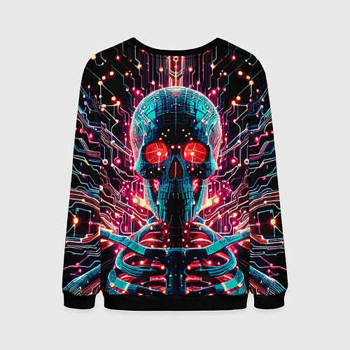 Мужской свитшот Neon cyber skull - ai art fantasy / 3D-Черный – фото 2