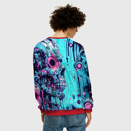 Мужской свитшот Cyber skull - blots sketch / 3D-Красный – фото 4