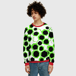 Свитшот мужской Чёрно-зелёные шестиугольники на белом фоне, цвет: 3D-красный — фото 2