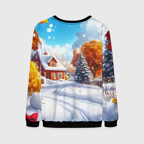 Мужской свитшот Новогодний пейзаж и домики / 3D-Черный – фото 2